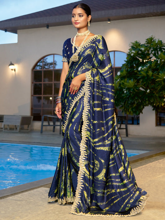 Women's Chiffon Navy Blue Embellished Designer Saree With Blouse Piece