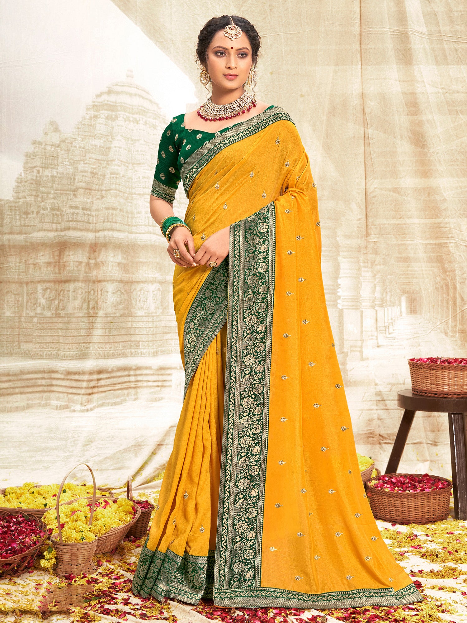 Women's Vichitra Silk Yellow Embellished Designer Saree With Blouse Piece