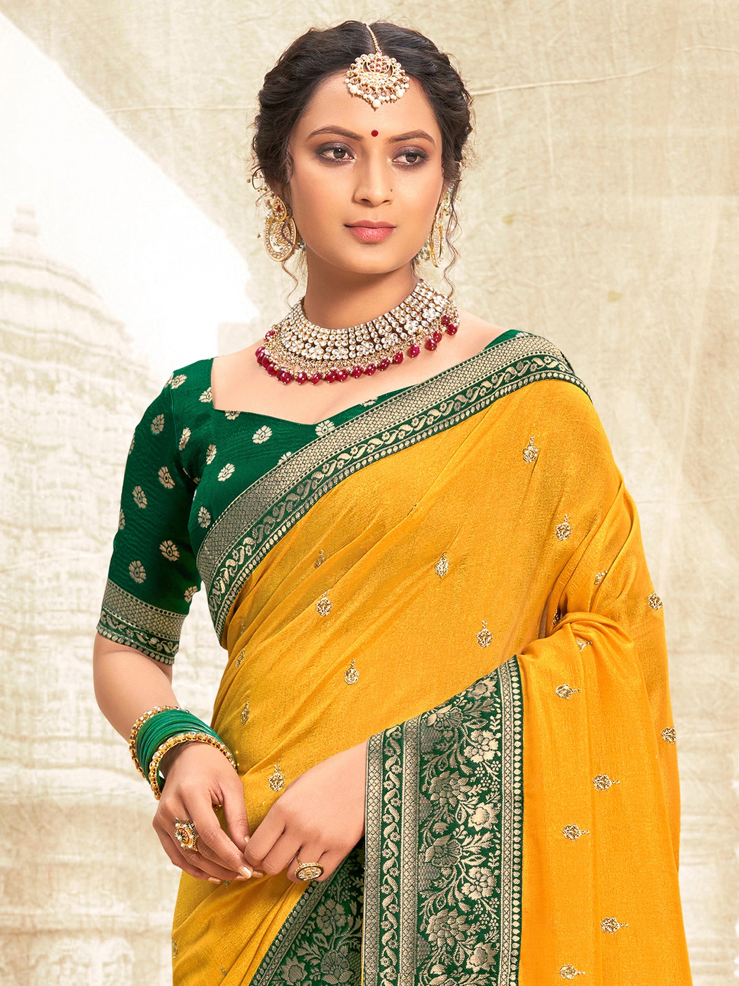 Women's Vichitra Silk Yellow Embellished Designer Saree With Blouse Piece