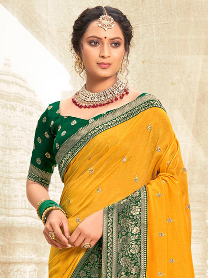 Women's Vichitra Silk Yellow Embellished Designer Saree With Blouse Piece