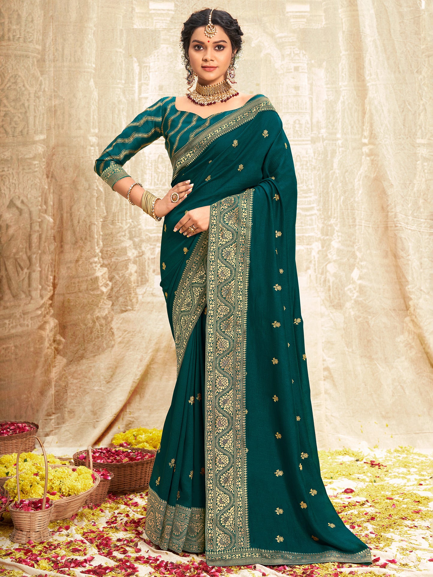 Women's Vichitra Silk Teal blue Embellished Designer Saree With Blouse Piece