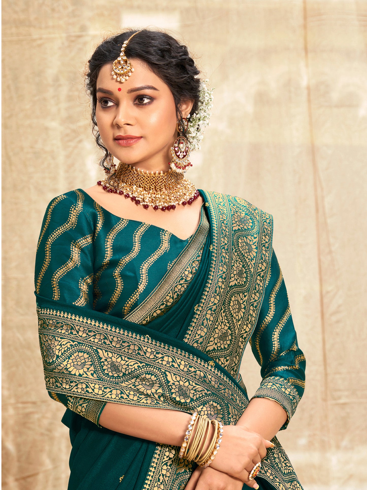 Women's Vichitra Silk Teal blue Embellished Designer Saree With Blouse Piece