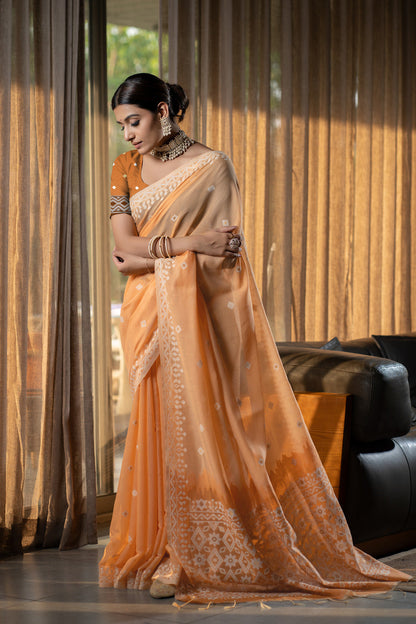 Dhiyona GR Women's Nithya Apricot Orange Mulmul Cotton Jamdani Saree
