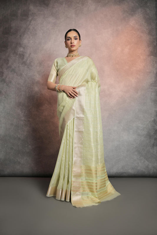 Dhiyona GR Women's Pista Green Soft Mulberry Tissue Cotton Saree