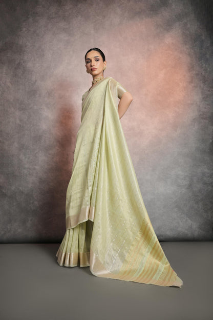 Dhiyona GR Women's Pista Green Soft Mulberry Tissue Cotton Saree