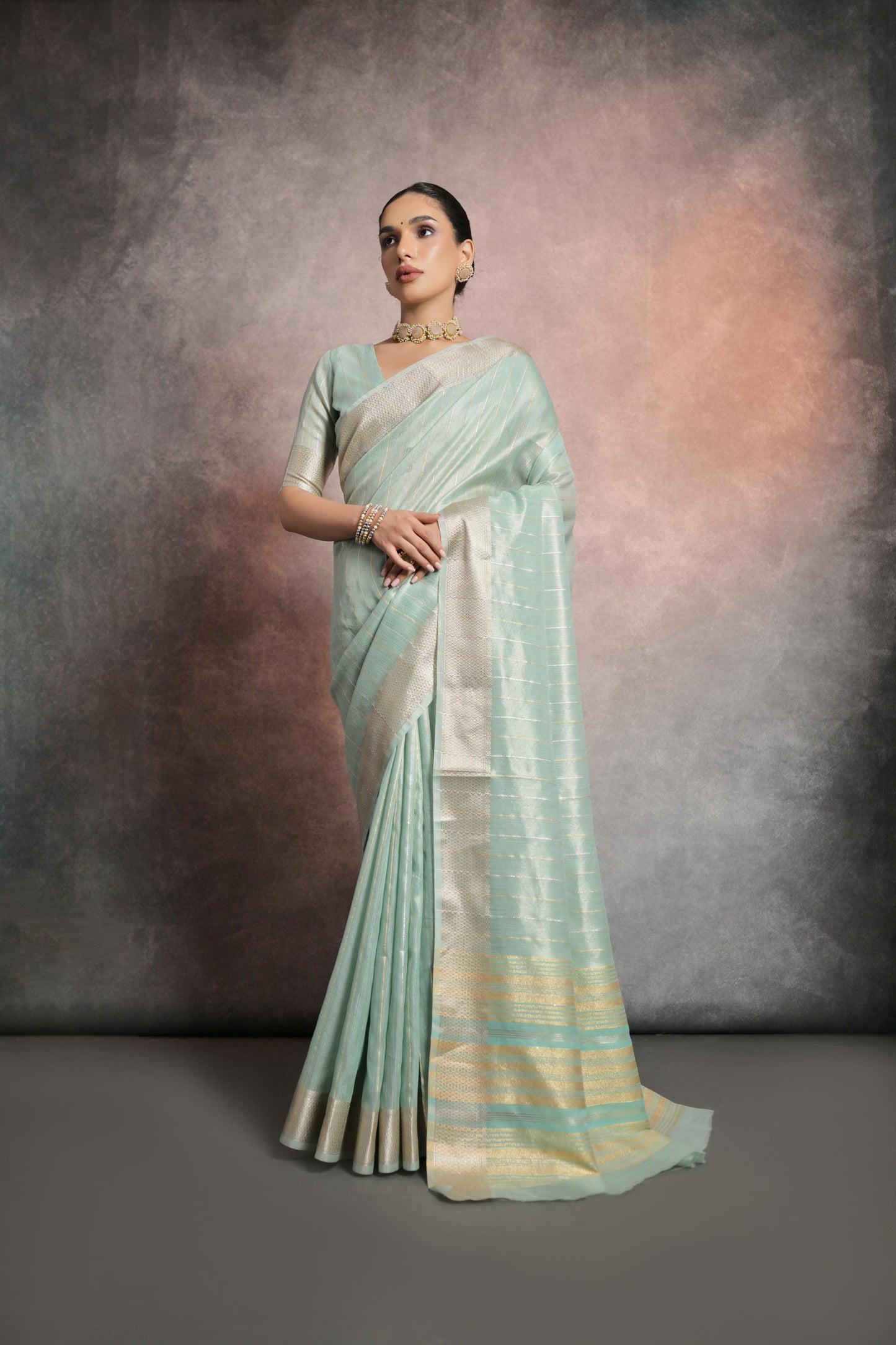 Dhiyona GR Women's Sea Green Soft Mulberry Tissue Cotton Saree