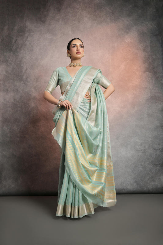 Dhiyona GR Women's Sea Green Soft Mulberry Tissue Cotton Saree