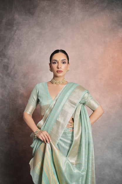 Dhiyona GR Women's Sea Green Soft Mulberry Tissue Cotton Saree