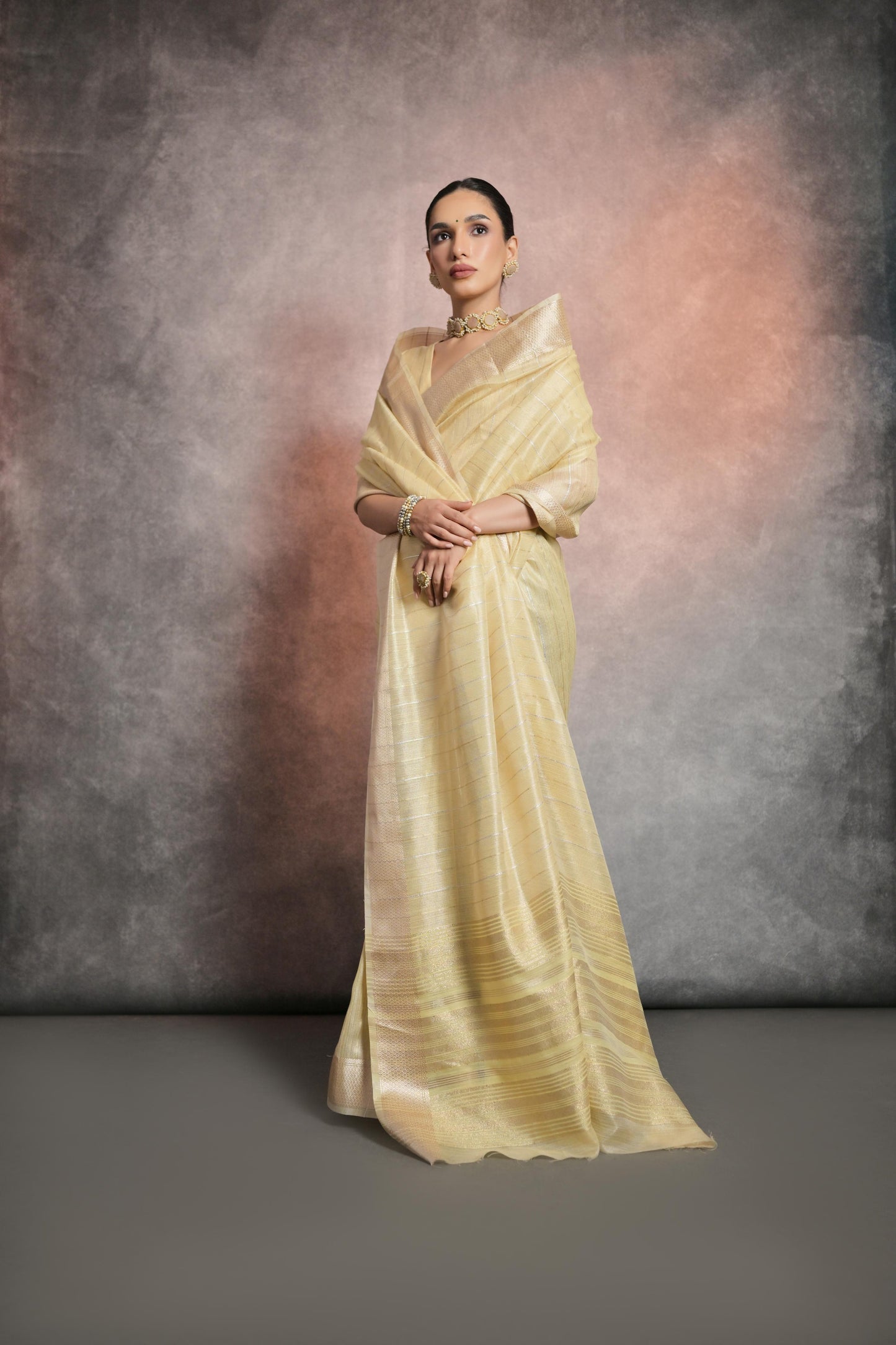 Dhiyona GR Women's Yellow Soft Mulberry Tissue Cotton Saree