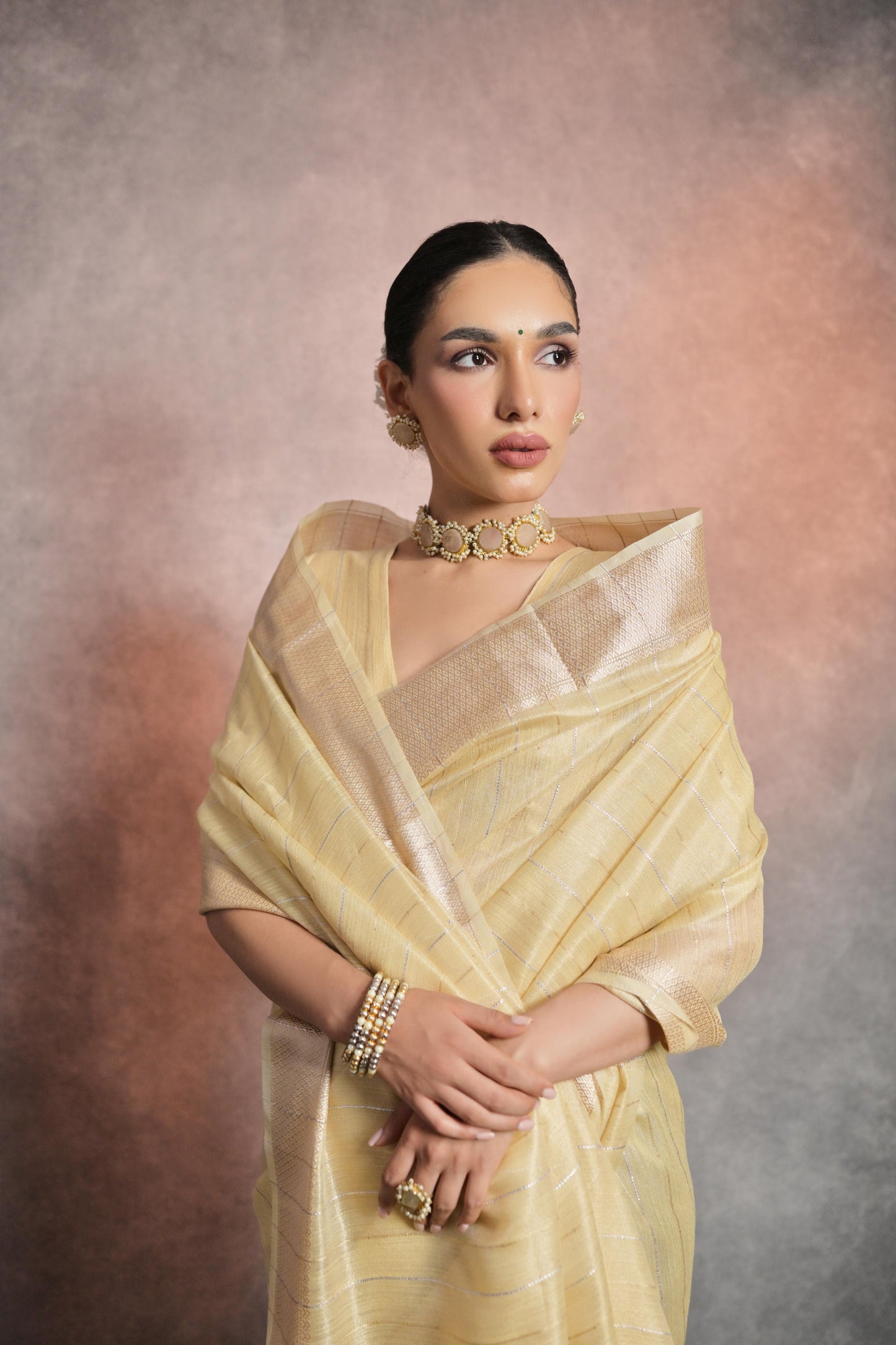 Dhiyona GR Women's Yellow Soft Mulberry Tissue Cotton Saree