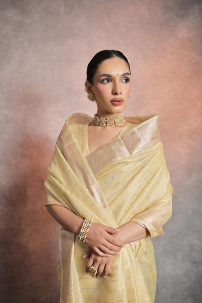 Dhiyona GR Women's Yellow Soft Mulberry Tissue Cotton Saree