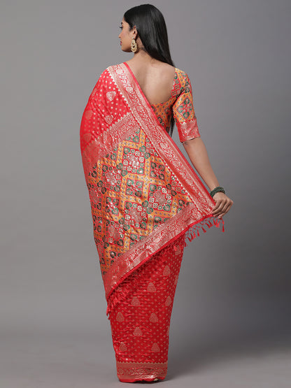 Women's Silk Blend Red Woven Design Woven saree With Blouse Piece