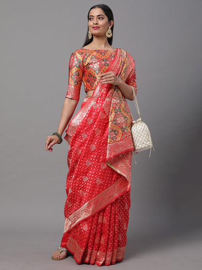 Women's Silk Blend Red Woven Design Woven saree With Blouse Piece