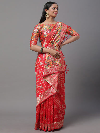 Women's Silk Blend Red Woven Design Woven saree With Blouse Piece