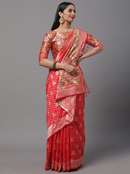 Women's Silk Blend Red Woven Design Woven saree With Blouse Piece