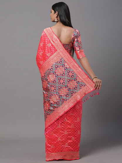 Women's Silk Blend Pink Woven Design Woven saree With Blouse Piece