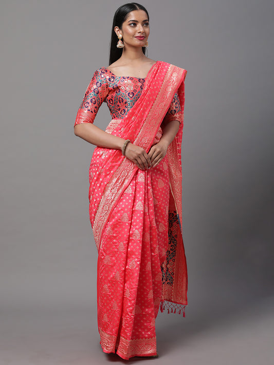 Women's Silk Blend Pink Woven Design Woven saree With Blouse Piece