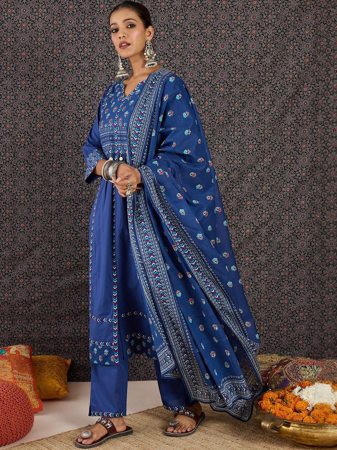 Women Ethnic Motifs Printed Regular Pure Cotton Kurta with Trousers & With Dupatta