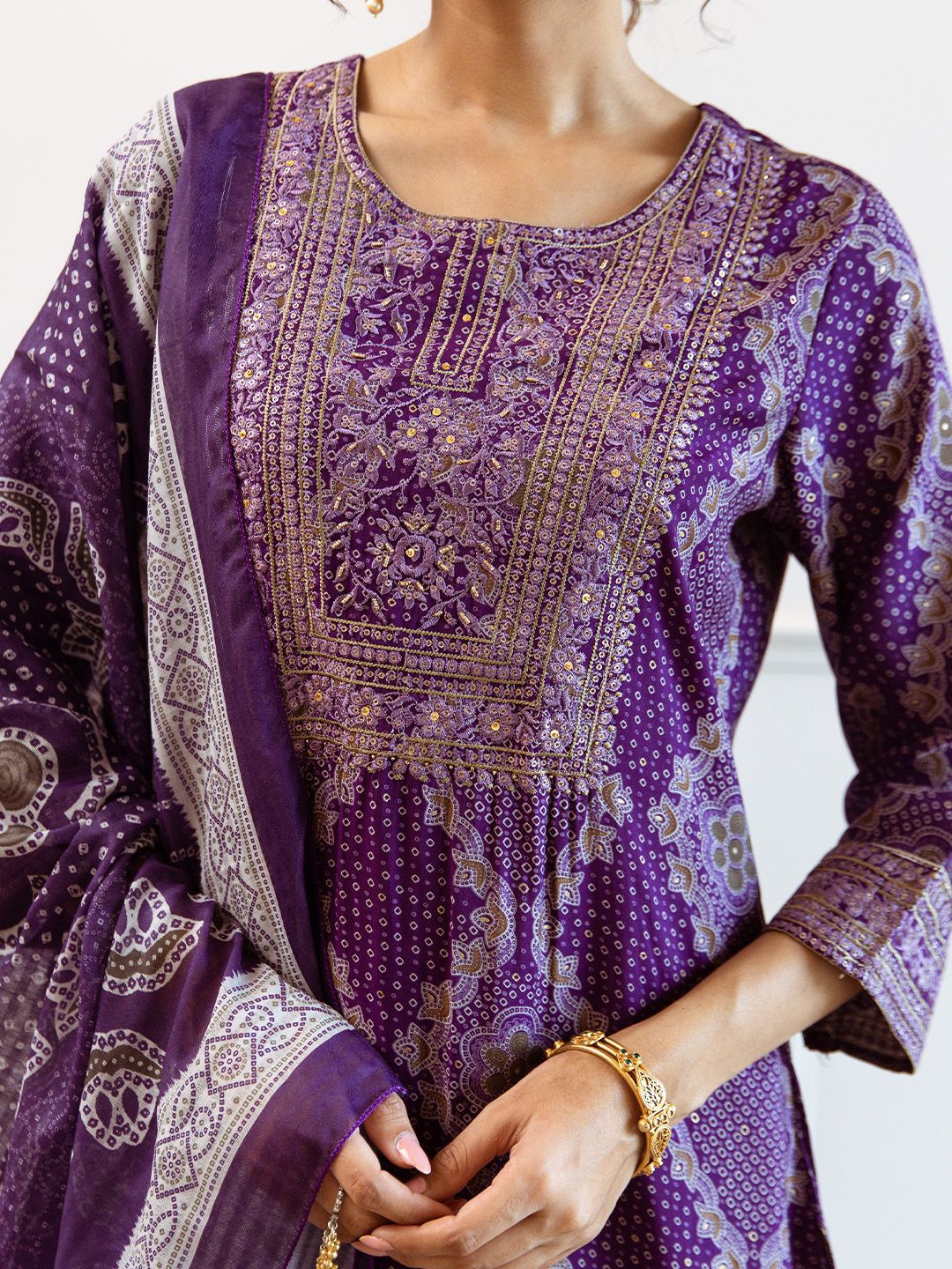 Dhiyona IS Women's Purple Bandhani Printed Round Neck Straight Kurta With Palazzos & Dupatta