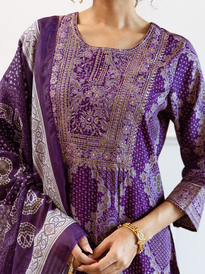 Dhiyona IS Women's Purple Bandhani Printed Round Neck Straight Kurta With Palazzos & Dupatta