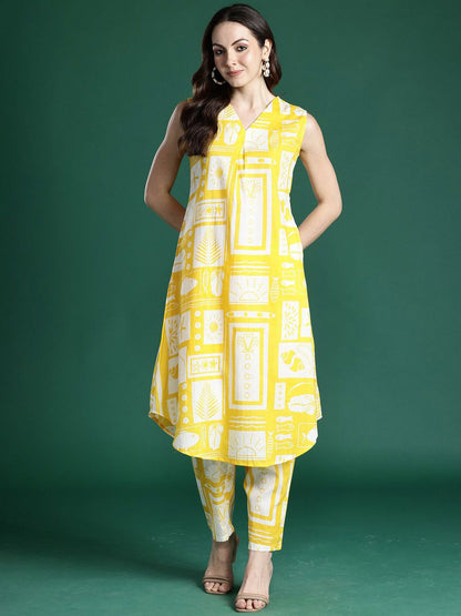 Dhiyona IE Printed Pure Cotton V-Neck Tunic With Trousers Co-Ords