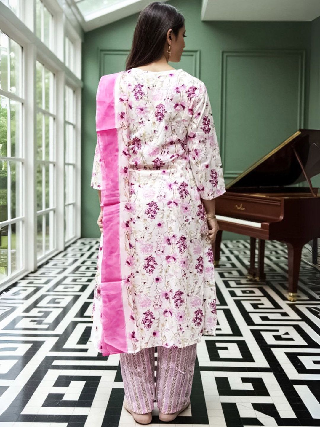 Floral Printed Pure Cotton Straight Kurta With Trousers & Dupatta