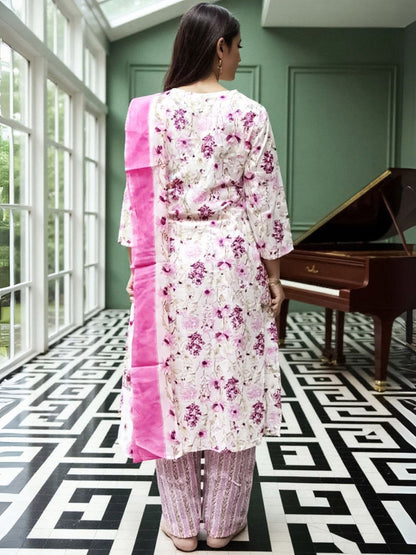 Floral Printed Pure Cotton Straight Kurta With Trousers & Dupatta