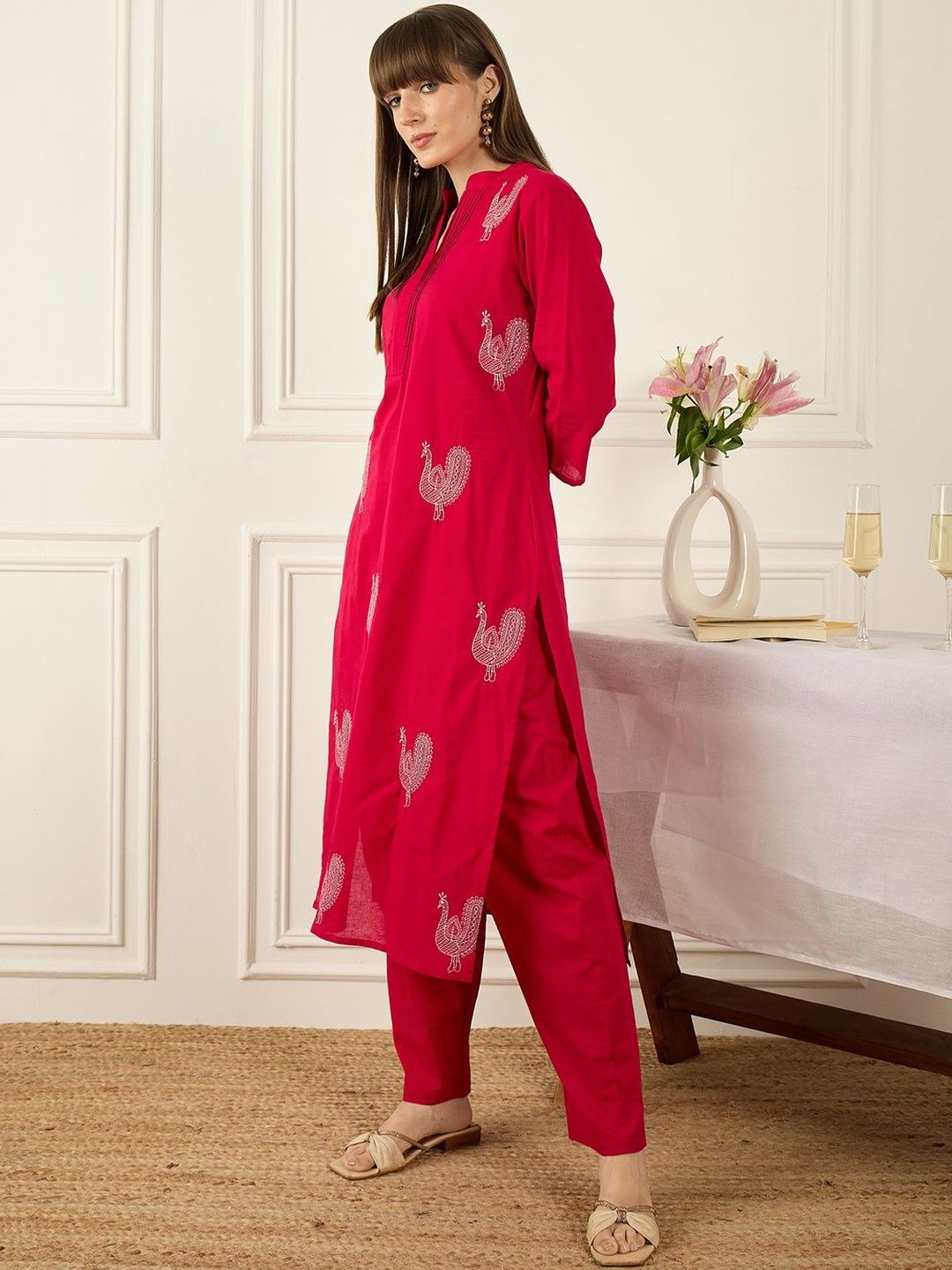 Floral Printed Thread Work Pure Cotton Kurta With Palazzos