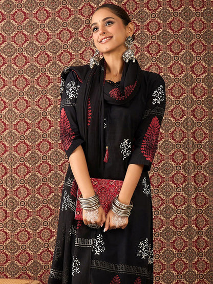 Dhiyona IE Women's Floral Printed Tie-Up Neck Pure Cotton Straight Kurta & Trousers With Dupatta