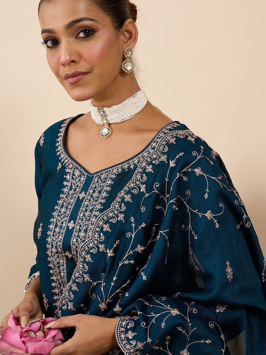 Women Ethnic Motifs Embroidered Regular Thread Work Kurta with Trousers & With Dupatta