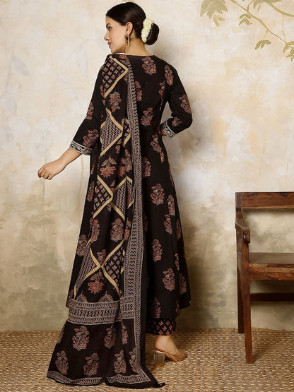 Dhiyona SN Women's Ethnic Motifs Printed Pure Cotton Anarkali Kurta with Palazzo & Dupatta