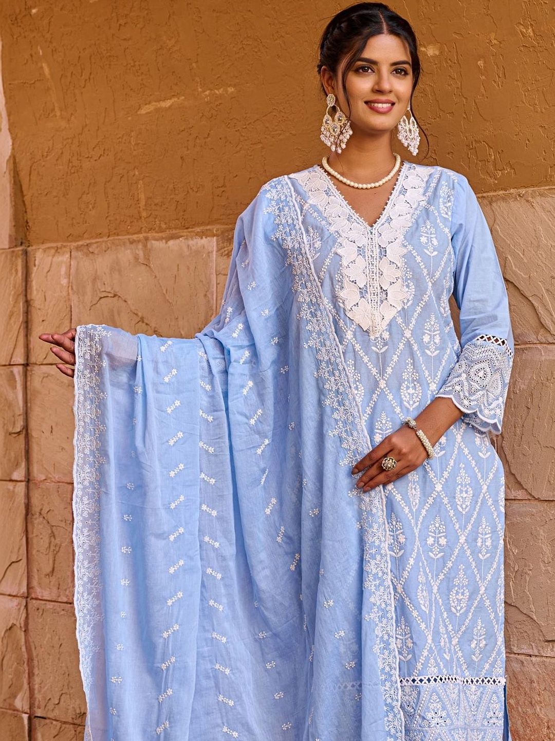 Women Ethnic Motifs Embroidered Regular Chikankari Pure Cotton Kurta with Trousers & With Dupatta