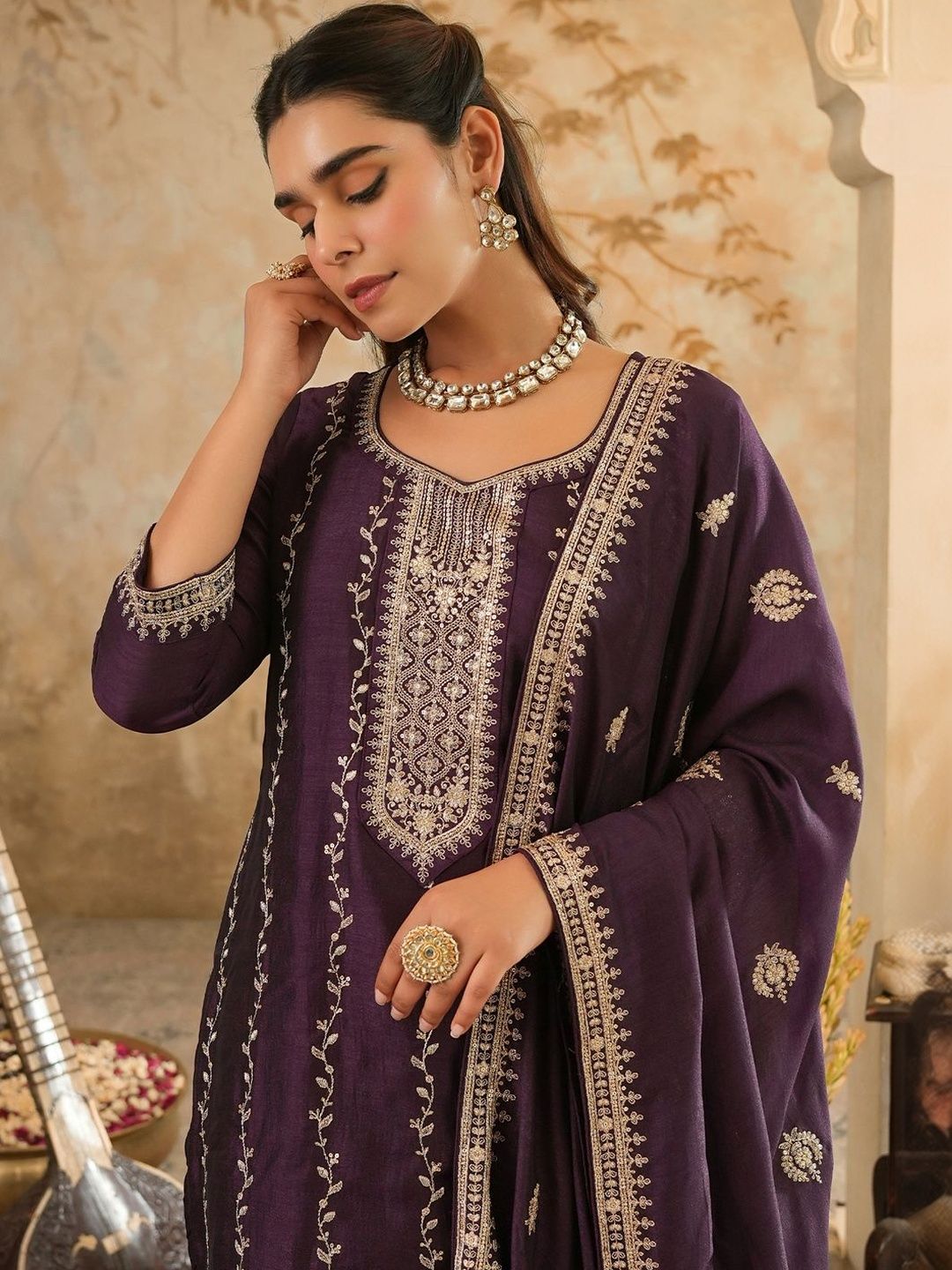 Women Ethnic Motifs Embroidered Regular Thread Work Kurta with Trousers & With Dupatta
