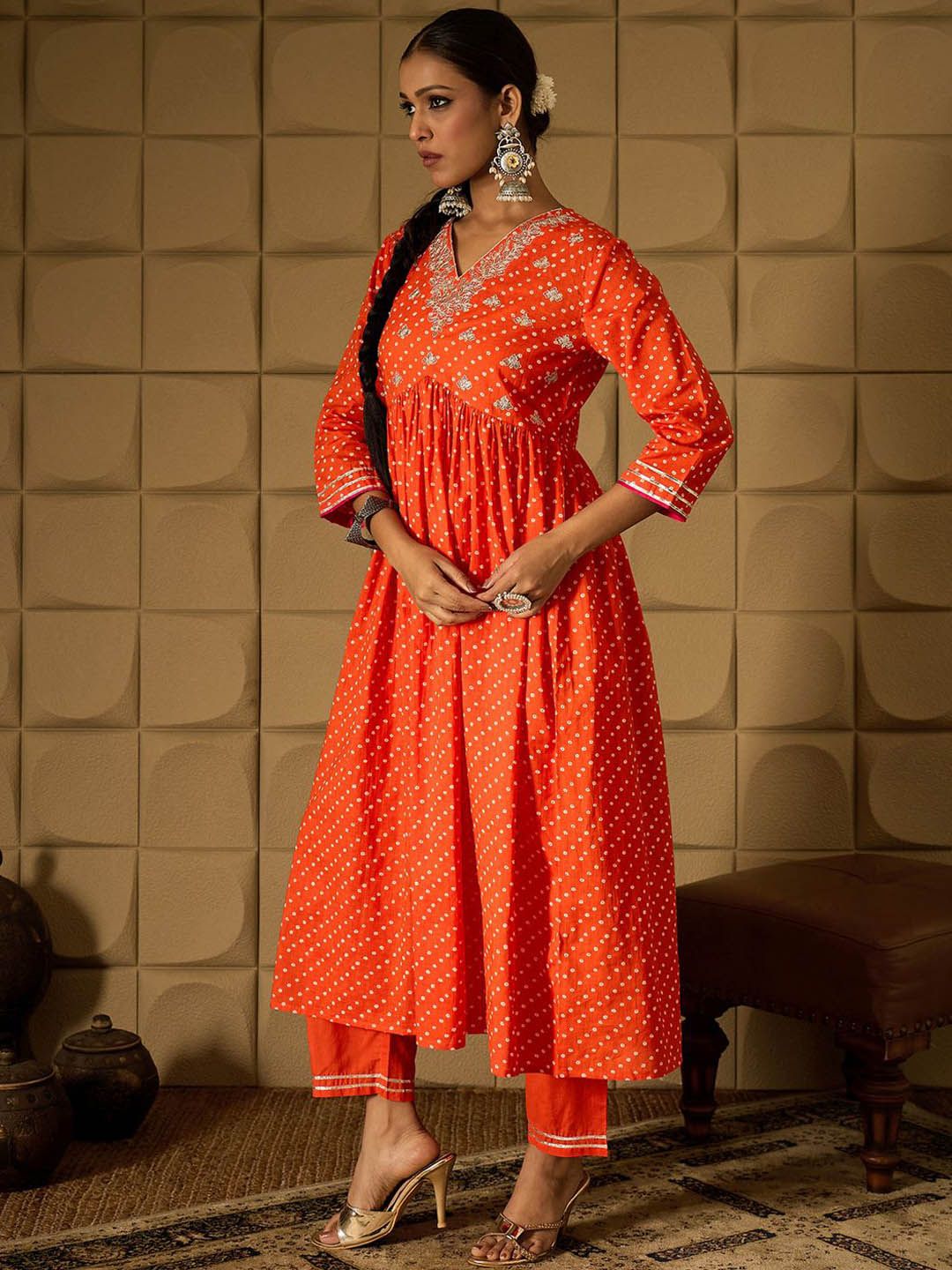 Dhiyona IE Bandhani Embroidered Empire Sequined A-Line Pure Cotton Kurta With Trousers