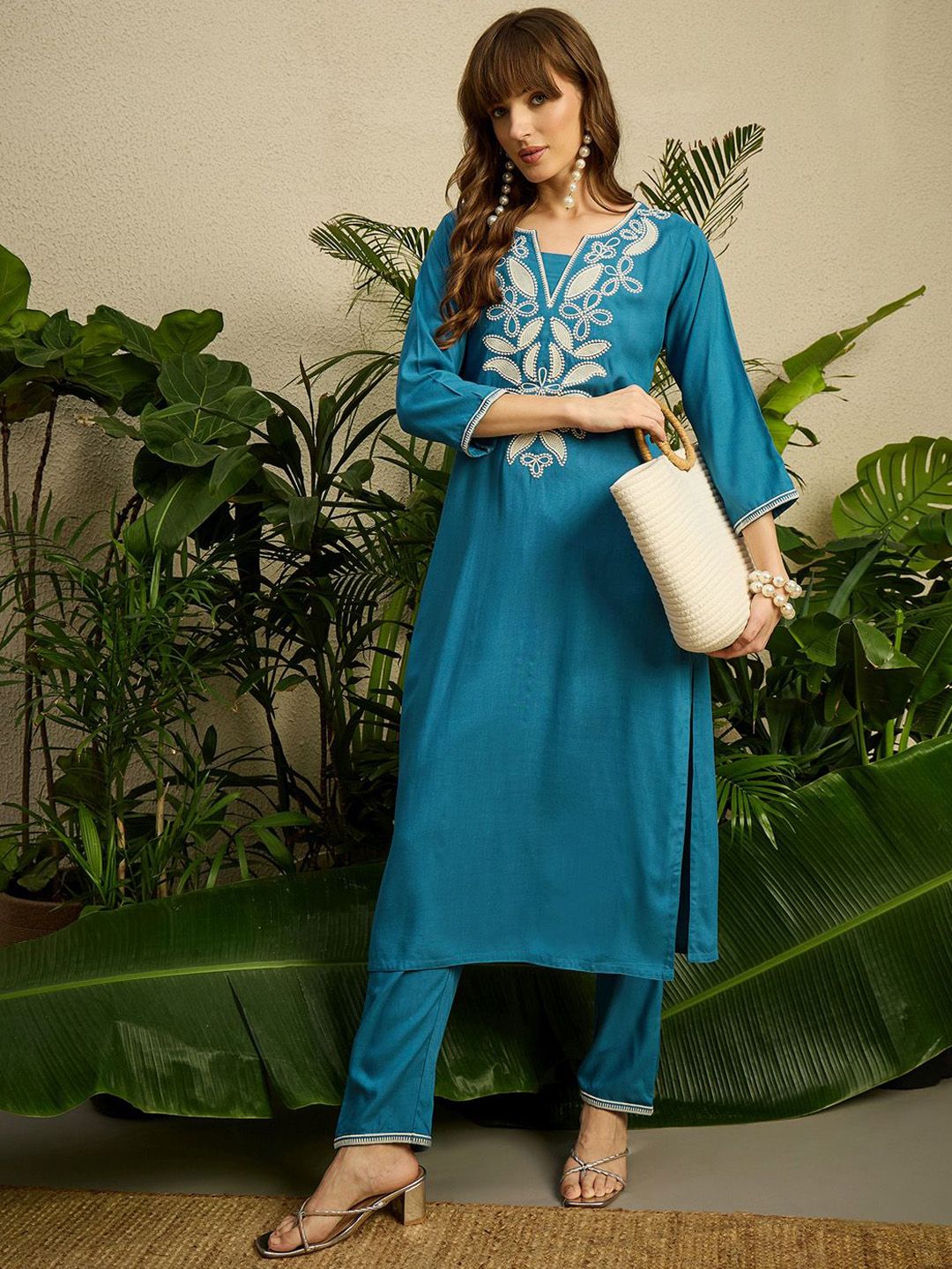 Dhiyona IE Floral Embroidered Top With Trousers Co-Ords