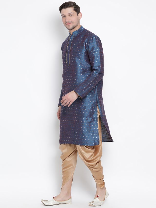 Men's Blue Silk Blend Straight Kurta and Dhoti Set