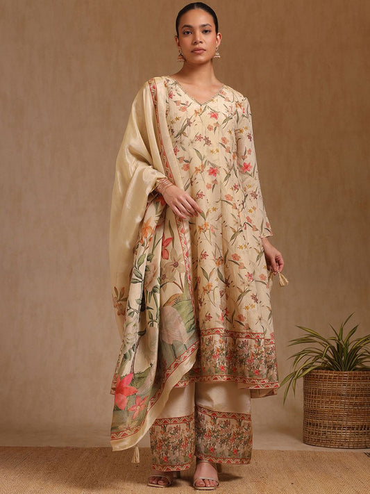 Dhiyona SO Women's Women Floral Embroidered Regular Beads and Stones Kurta with Palazzos & With Dupatta