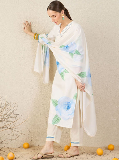 Women Floral Printed Regular Sequinned Linen Kurta with Trousers & Dupatta