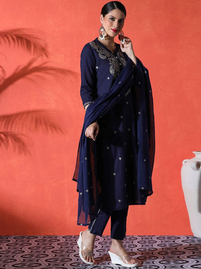 Dhiyona SN Women's Floral Embroidered Mandarin Collar A-Line Kurta With Trousers & Dupatta