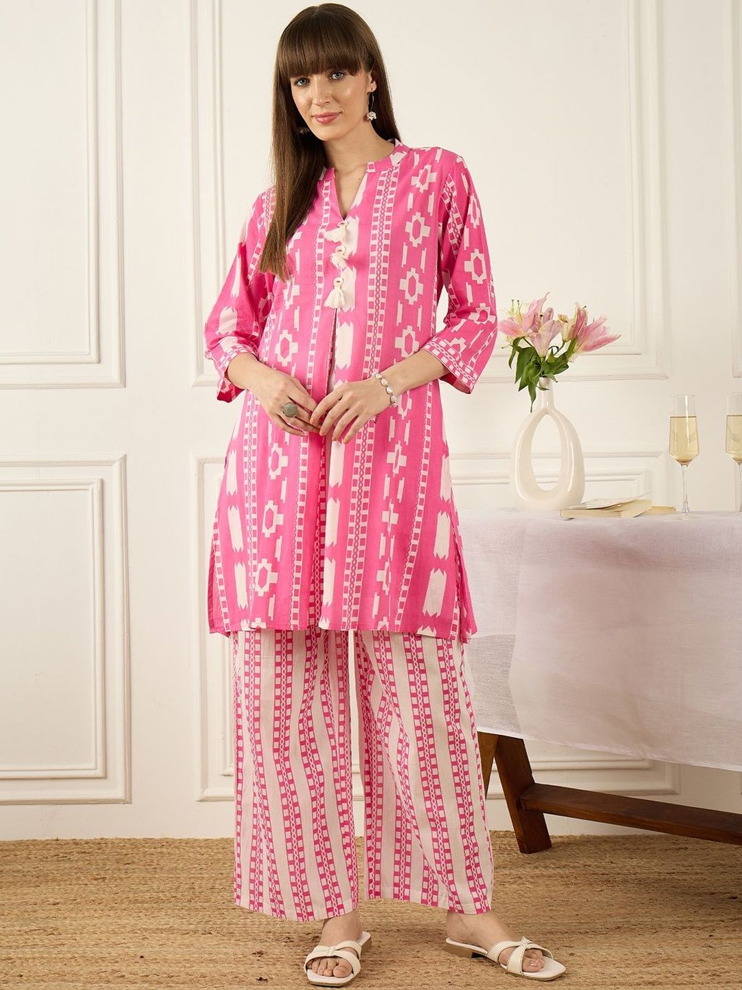 Dhiyona IE Printed Mandarin Collar Pure Cotton Top With Trousers