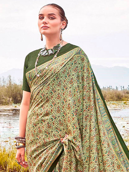 Women's Pashmina Silk Light Green Printed Designer Saree With Blouse Piece