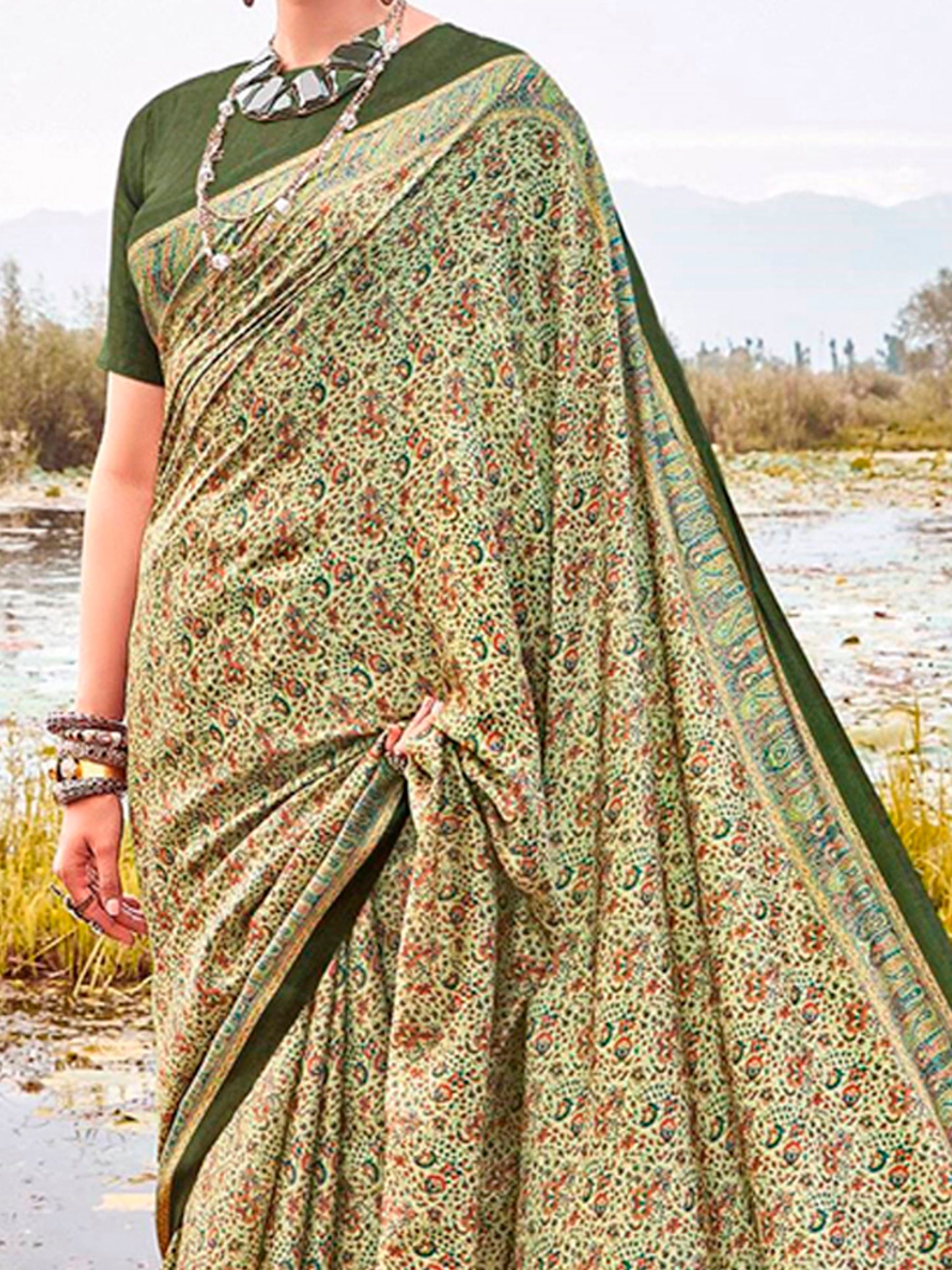 Women's Pashmina Silk Light Green Printed Designer Saree With Blouse Piece