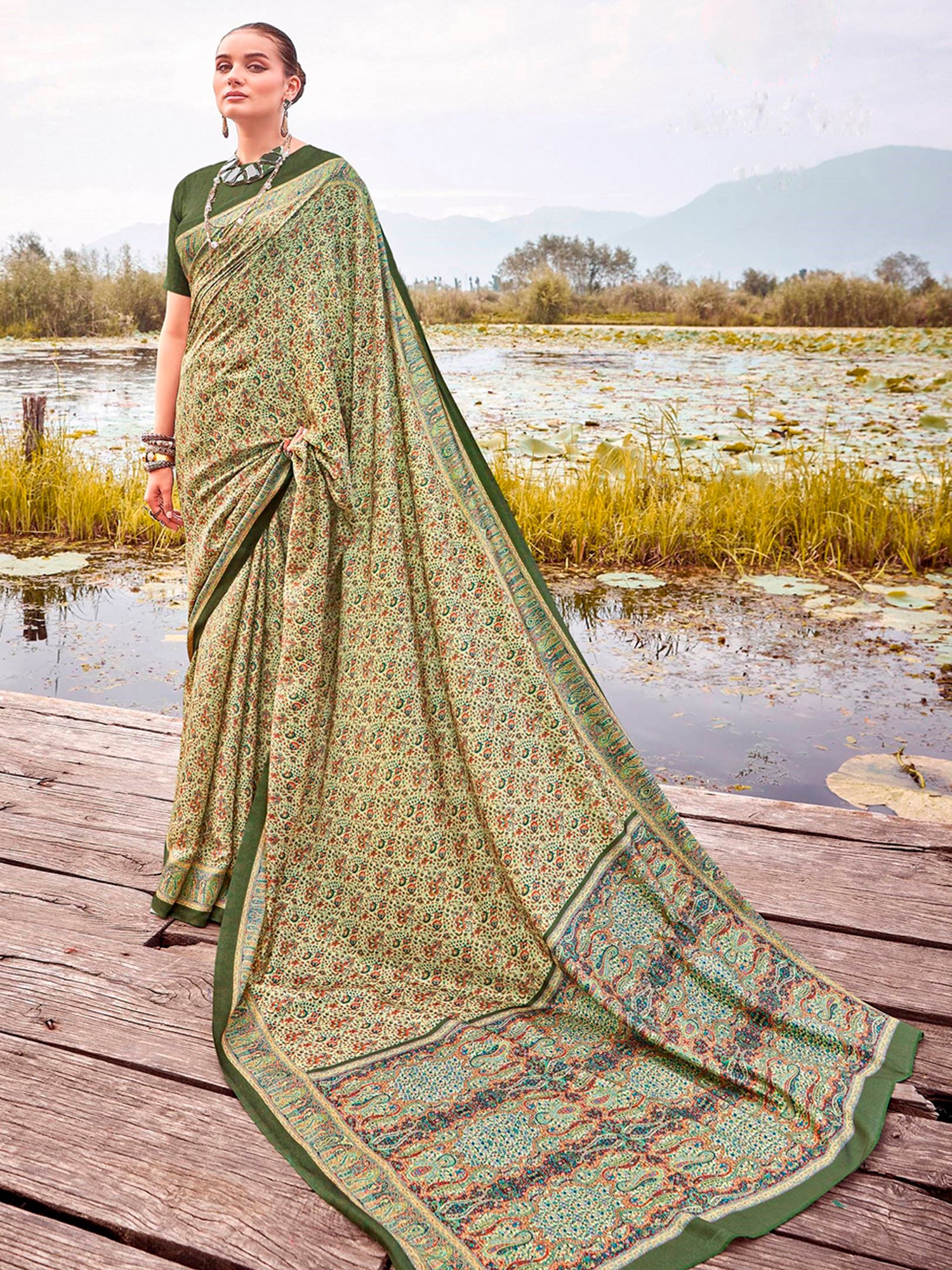 Women's Pashmina Silk Light Green Printed Designer Saree With Blouse Piece