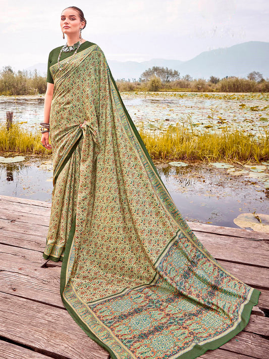 Women's Pashmina Silk Light Green Printed Designer Saree With Blouse Piece