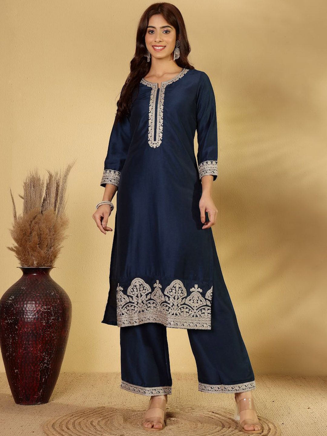 Dhiyona PD Women Floral Embroidered Notch-Neck Straight Kurta With Palazzos And Dupatta