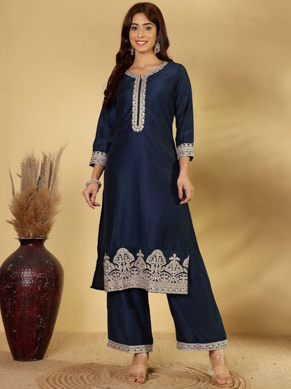 Dhiyona PD Women Floral Embroidered Notch-Neck Straight Kurta With Palazzos And Dupatta