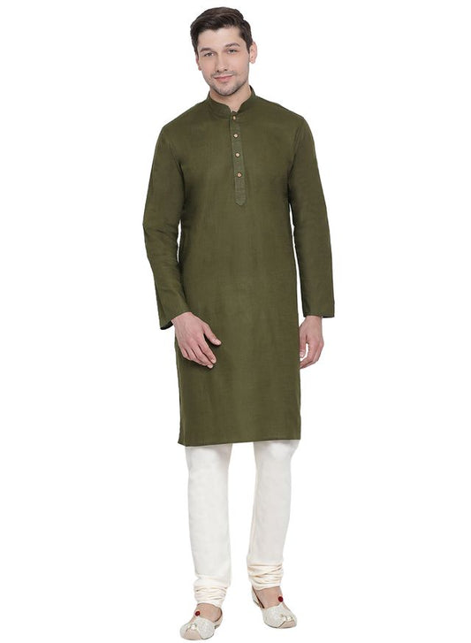 Men's Green Cotton Linen Straight Kurta Pyjama Set