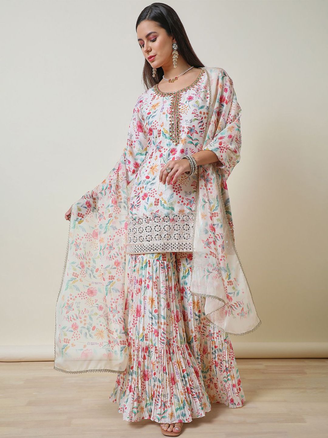 Dhiyona SO Women's Women Ethnic Motifs Printed Regular Mirror Work Kurta with Sharara & With Dupatta