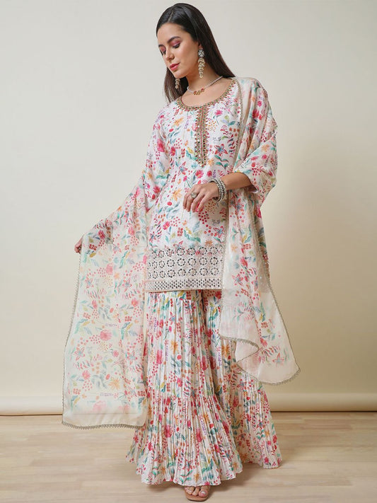 Dhiyona SO Women's Women Ethnic Motifs Printed Regular Mirror Work Kurta with Sharara & With Dupatta