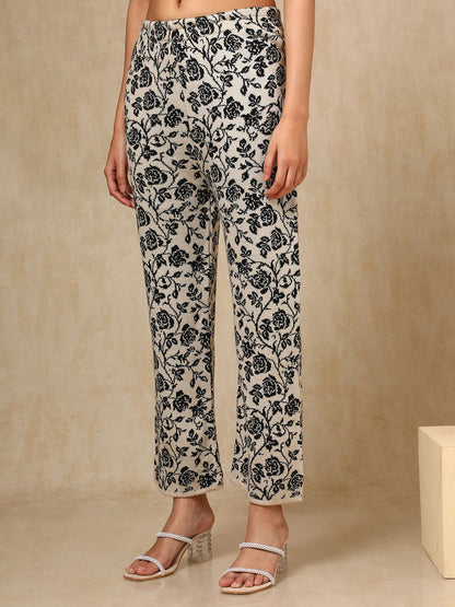 Dhiyona SO Women's Off White Floral Woven Design Keyhole Neck Acrylic Straight Kurta With Trouser